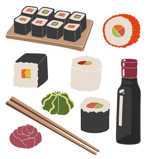 Set di illustrazioni astratte di sushi vettore rotoli di sushi set vettoriale di cibo giapponese boho