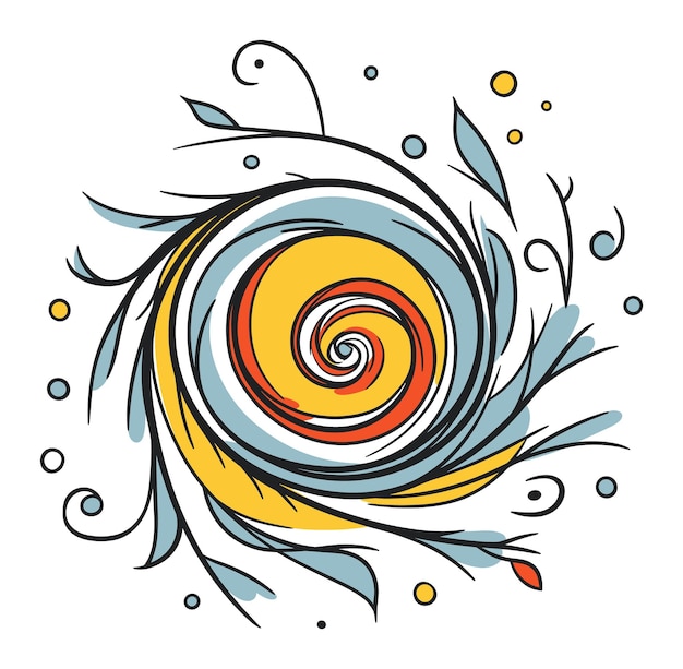 Vector abstract swirl design with blue and yellow leaves artistic spiral with foliage accents creative