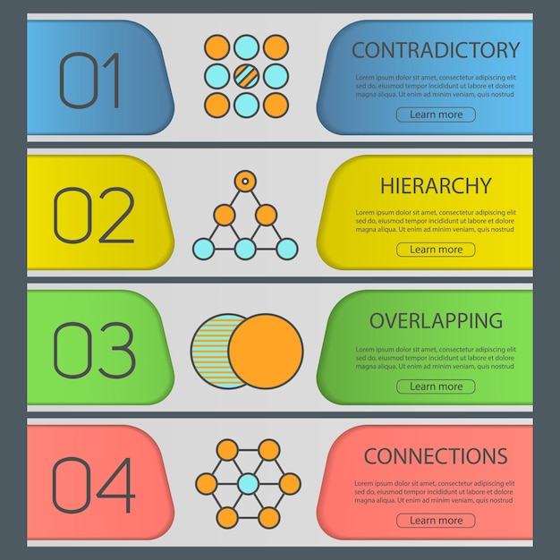 추상적인 기호 배너 템플릿 집합입니다. 모순, 계층, 중첩, 연결 개념. 웹사이트 메뉴 항목. 색상 웹 배너입니다. 벡터 헤더 디자인 개념