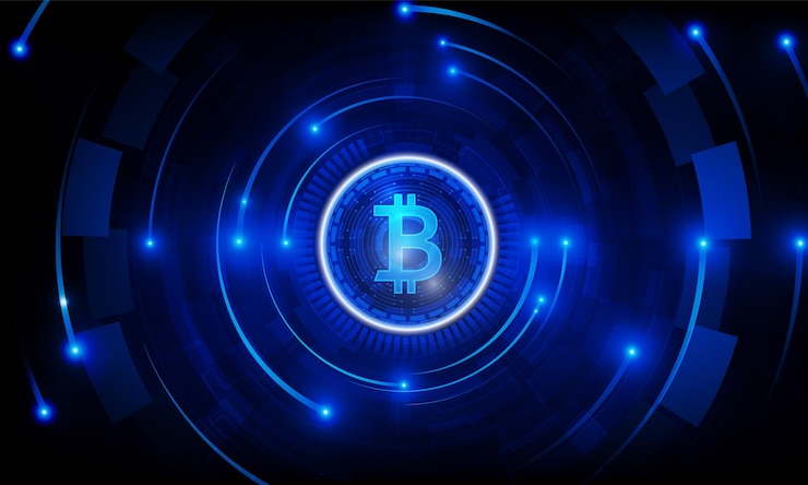 Vector abstract technical graph of bitcoin in futuristic light out technology background hitech communication concept innovation background vector design