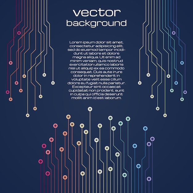 Abstract technological dark blue background with colorful elements of the microchip. Circuit board background texture. Vector illustration.