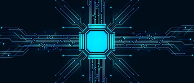 Abstract technology background, blue circuit board and microchip, digital power line