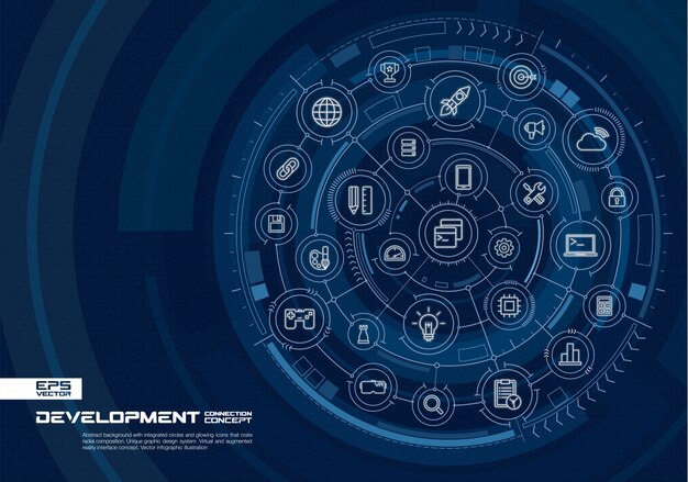 抽象的な技術の背景。デジタル接続システム、統合された円、光る細い線のアイコン。仮想の拡張現実インターフェースのコンセプト。将来のインフォグラフィックイラスト