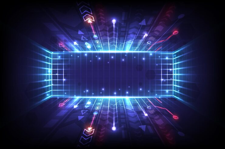 Vector abstract technology background perspective glowing speed arrow high internet motivation and connection to communicate of innovation circuit lines of data computer landing page grid and algorithm