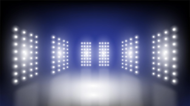 Vettore sfondo tecnologico astratto sala del palcoscenico dello stadio con luci panoramiche dell'interfaccia utente rotonda della tecnologia futuristica sfondo blu del riflettore del palcoscenico con illuminazione vettoriale blu