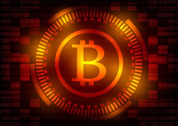 Logo astratto bitcoin tecnologia su sfondo rosso dell'ingranaggio.