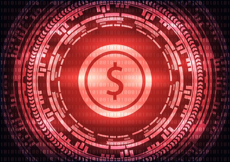 Vector abstract technology dollar logo on red background.