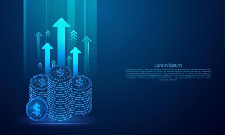 Abstract Technology Increase Revenue Growth Arrows Up and money coin on a Blue background