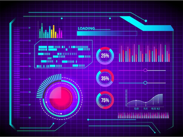 Vettore tecnologia astratta ui futuristico concetto hud interfaccia ologramma elementi di grafico digitale dati e cerchio percentuale vitalità innovazione su sfondo viola.