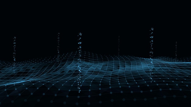 Abstract technology wave of particles Big data visualization Vector dark background with fly dots