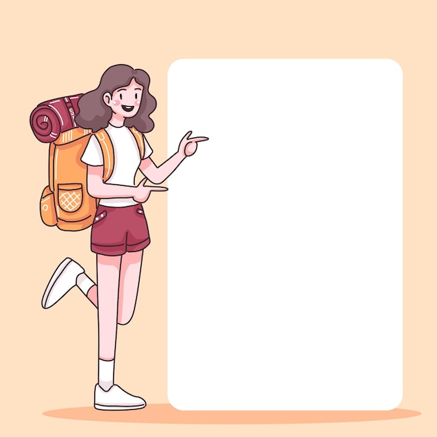 Abstract teenage female with backpack stand with blank speed bubble in cartoon charactor, flat  illustration