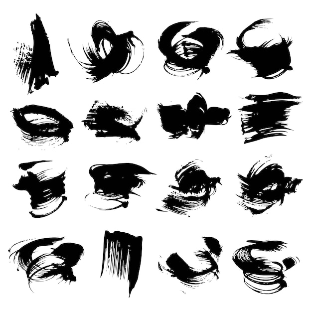 Abstract textured strokes black paint big set isolated on a white background