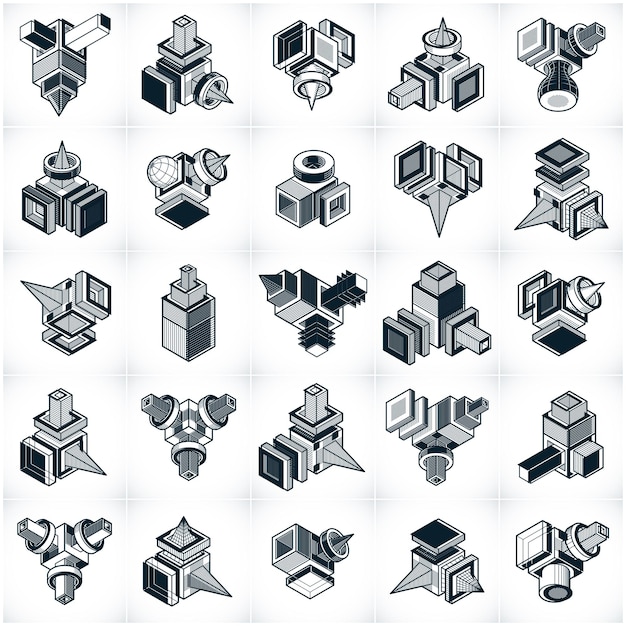 Abstract three dimensional shapes set, vector designs.