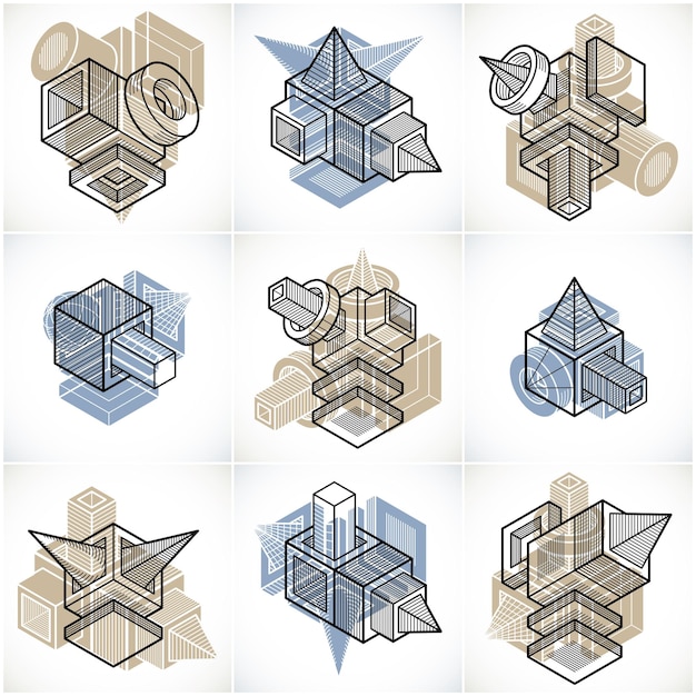 Abstract three-dimensional shapes set, vector designs.