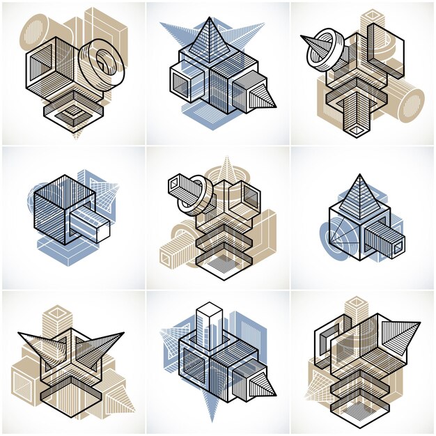 Abstract three-dimensional shapes set, vector designs.