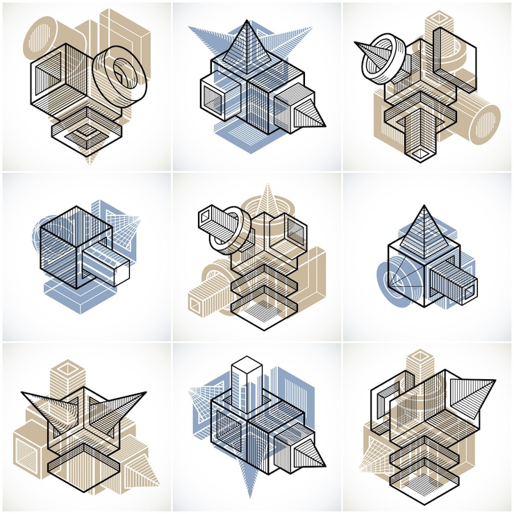 Vector abstract three-dimensional shapes set, vector designs.
