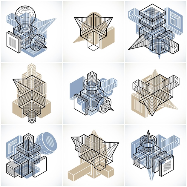 Abstract three-dimensional shapes set, vector designs.