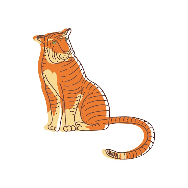 Vector abstract tiger sitting isolated on white background large wild cat with orange striped coat cute kids drawing wildlife and fauna theme line art with colorful fill hand drawn vector illustration