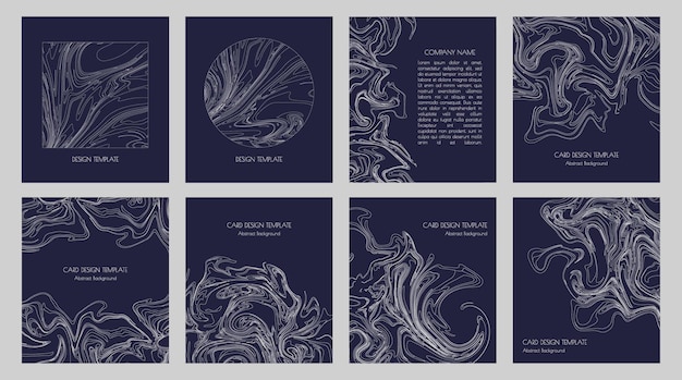 Abstract topographic contours and graphic thin white lines for modern minimalist business card template designs, presentations, invitations, fliers and covers. set of geometric stylish dark backdrops.