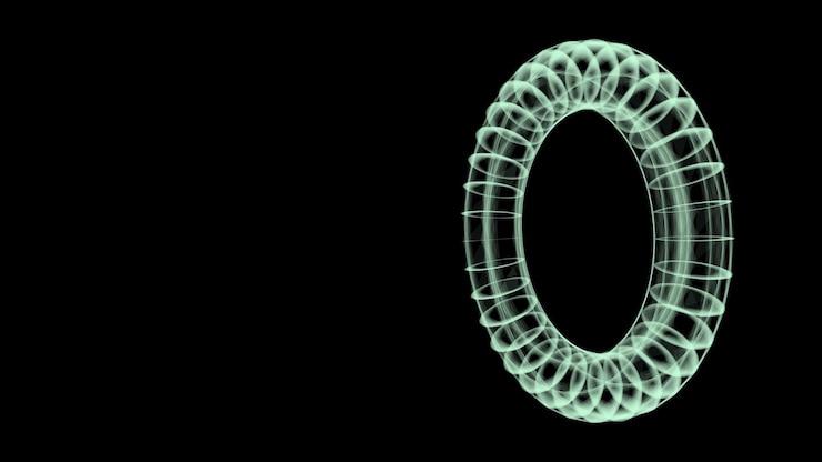 Vector abstract torus with blue dots and lines 3d futuristic vector geometric wireframe shape technology network connection big data science background twist objects in dark cyberspace