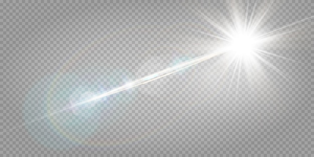 Abstract transparent sunlight special lens flare light effect.  blur in motion glow glare. Isolated transparent background. Decor element. Horizontal star burst rays and spotlight.