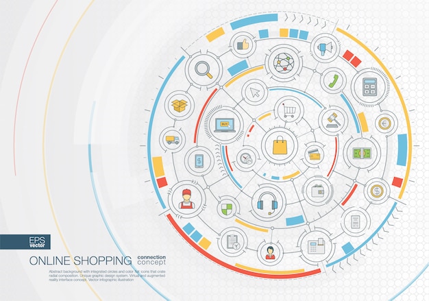 Abstract travel background. digital connect system with integrated circles, color  icons. radial graphic  interface. future concept.  infographic illustration