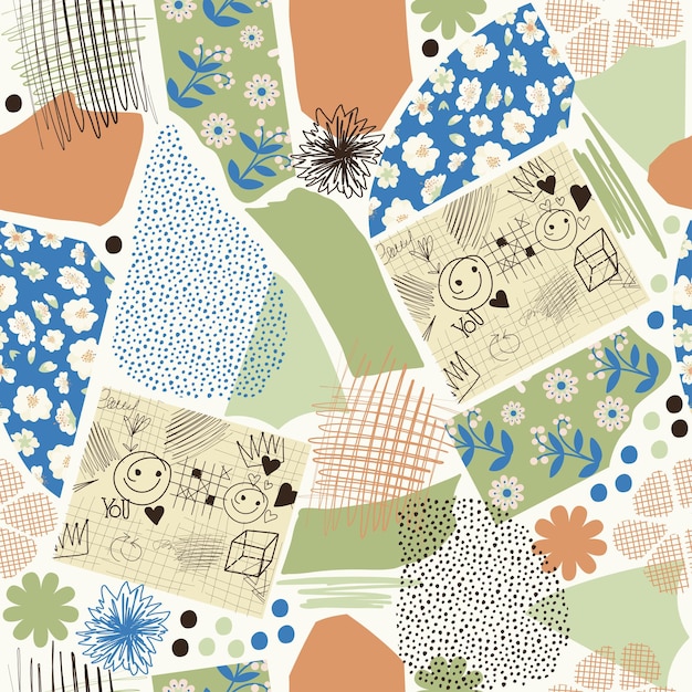 Vector abstract trendy creative seamless pattern magazine collage style hand drawn hatchings design sketch