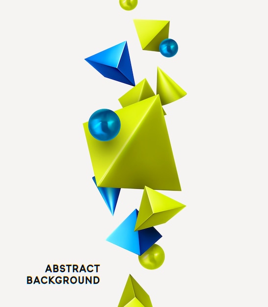 Абстрактный фон треугольник. Современный минималистичный дизайн с реалистичными трехмерными объектами рендеринга зеленой пирамиды. Плакат художественного тренда. Жемчужно-голубой мягкий шар-шар. Векторная иллюстрация