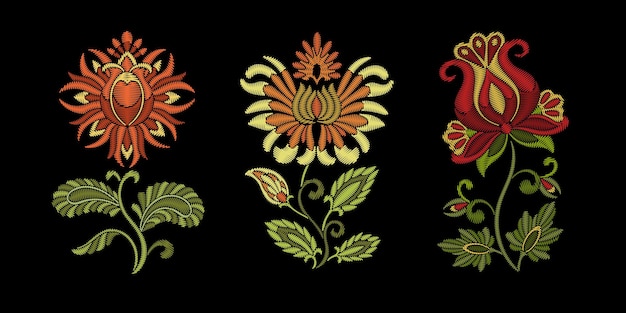 Vector abstract tribal flowers. embroidery collection. floral prints. fashion embroidered patterns.