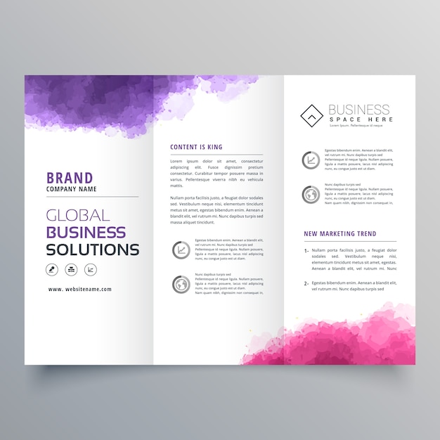 Abstract trifold business brochure with watercolor effect