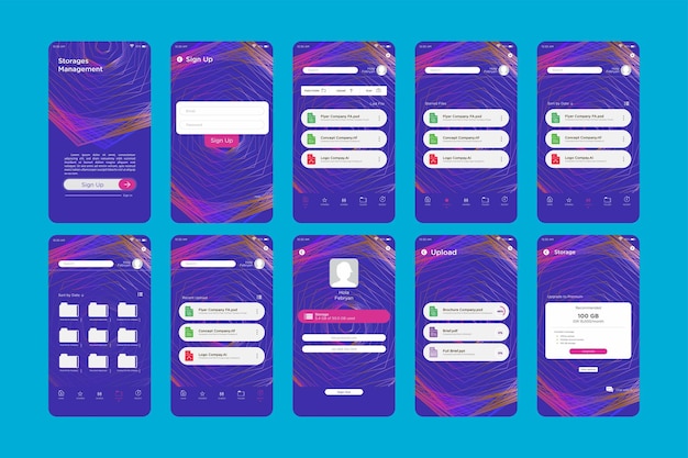 Abstract trippy psychedelic lines gradient color storage management app ui kit template