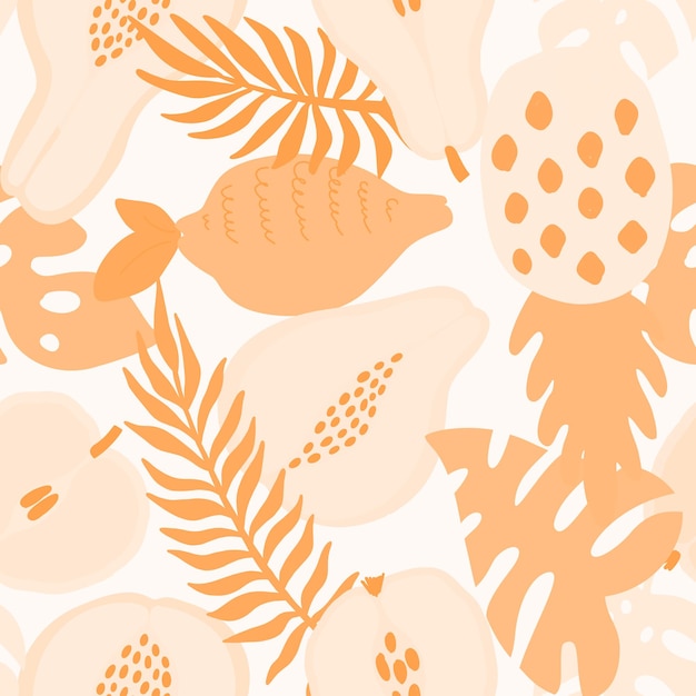 Абстрактный узор тропических фруктов. экзотический фон с ананасом, лимоном, грушей, яблоком, папайей и пальмовыми листьями. векторные иллюстрации в стиле рисованной. яркий орнамент для текстиля и упаковки.