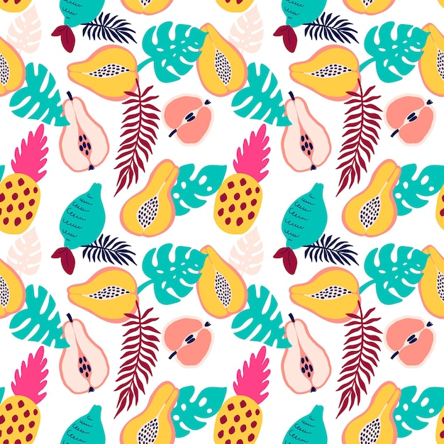 Abstract tropical fruits pattern. exotic seamless pattern with pineapple, lemon, pear, apple, papaya and palm leaves. vector illustration in hand drawn style. bright ornament for textile and wrapping.