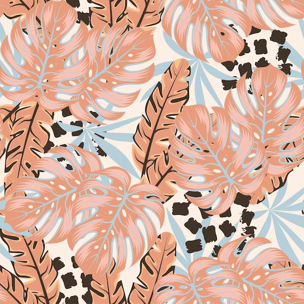 Abstract tropical seamless pattern with bright plants and leaves on a pastel background