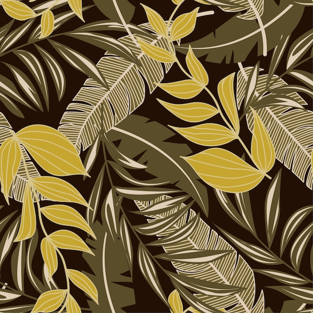 Abstract tropical seamless pattern with colorful leaves and bright plants