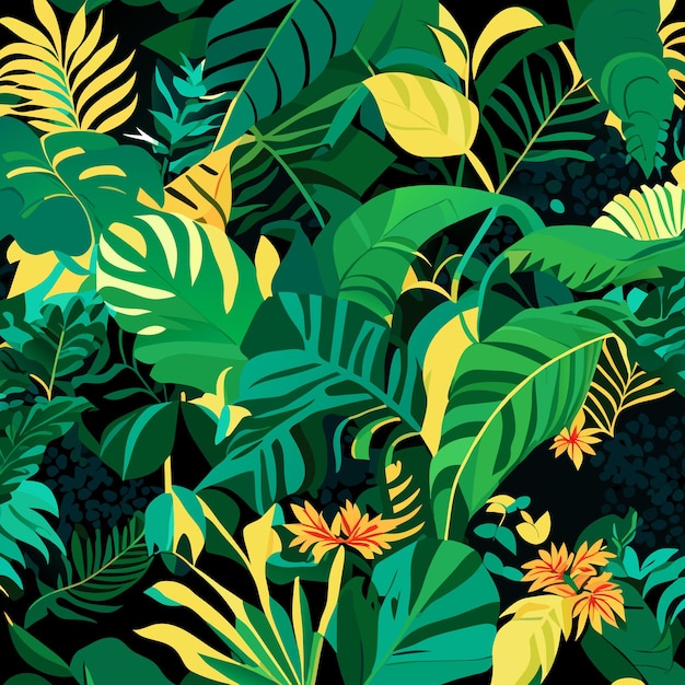 Abstract tropical seamless pattern with green flowers and plant
