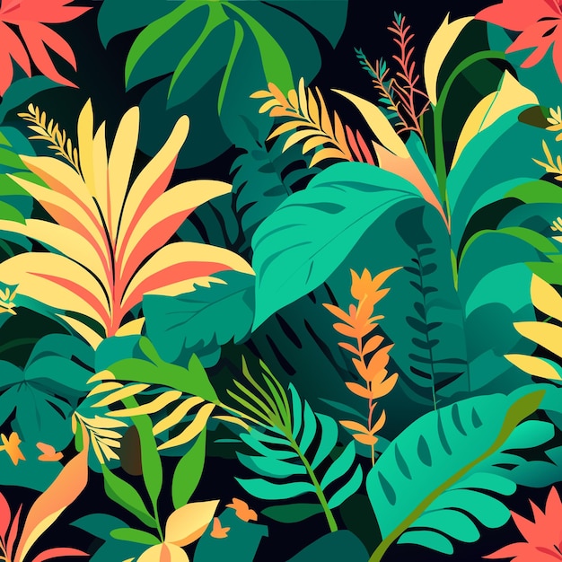 Абстрактный тропический бесшовный узор с зелеными цветами и растениями
