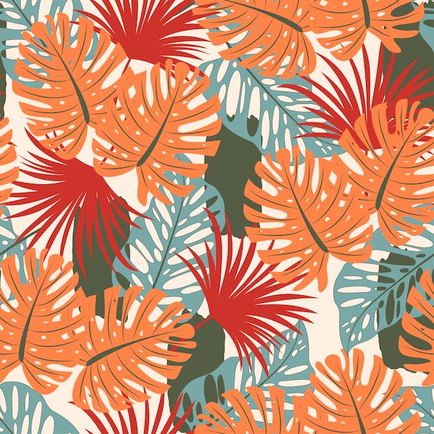 Abstract tropisch naadloos patroon met heldere planten en bladeren op een beige achtergrond
