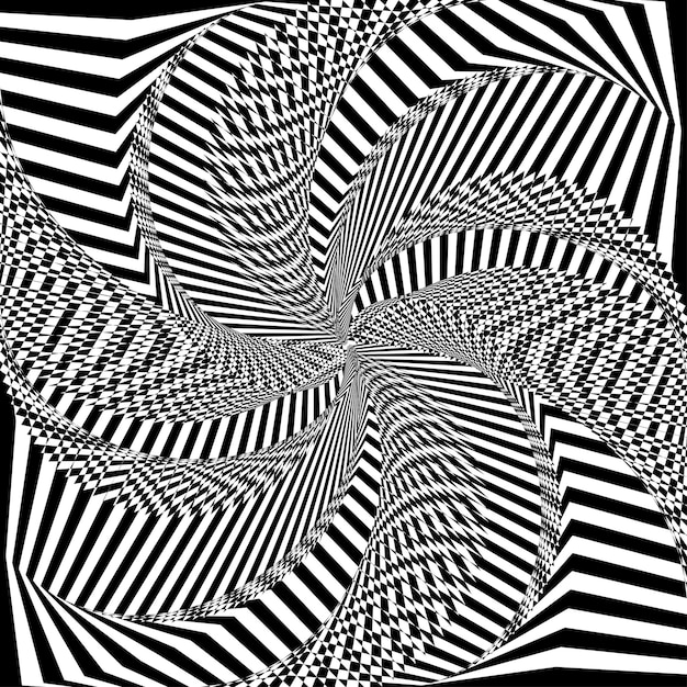 Abstract twisted black and white background Optical illusion of distorted surface Twisted stripes Stylized 3d surface Vector illustration Great for wall art poster banner web