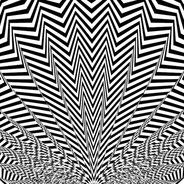 Vector abstract twisted black and white background optical illusion of distorted surface twisted stripes stylized 3d tunnel