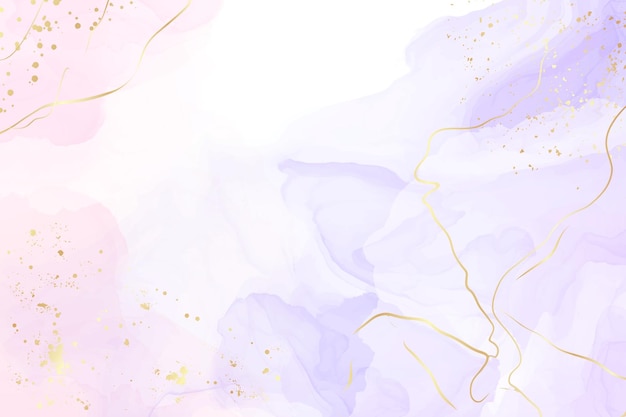 Abstract two colored rose and lavender liquid marble background with gold stripes and glitter dust