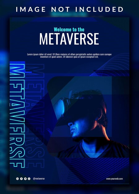 Abstract unique horizontal vertical modern introduction of virtual reality metaverse poster design template with a man photo