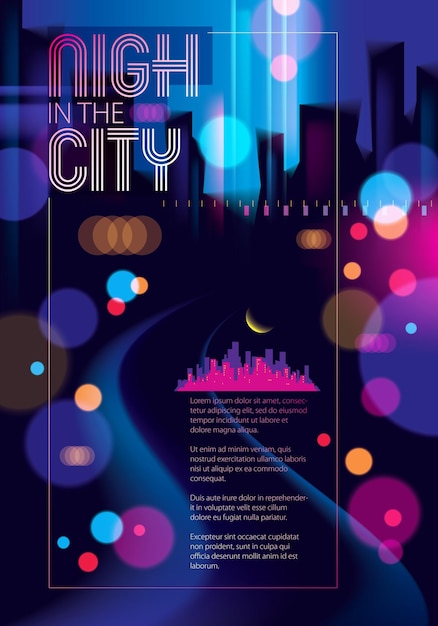 Abstract urban night light bokeh , defocused background. effect vector beautiful background. blur colorful dark background with cityscape, buildings silhouettes skyline. brochure, flyer, cover, poster