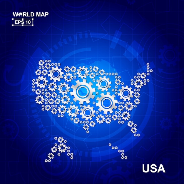 トランスミッション歯車と歯車のアイコンの概念と抽象的なusaマップデザイン
