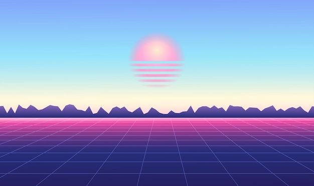 Abstract vaporwave landscape with sun rising over mountains silhouette and on calm soft pink and