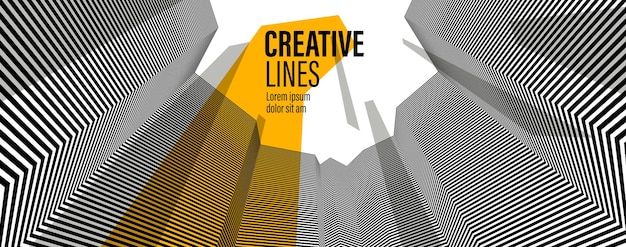 Abstract vector 3D lines with yellow elements background, black and white linear perspective dimensional optical pattern.