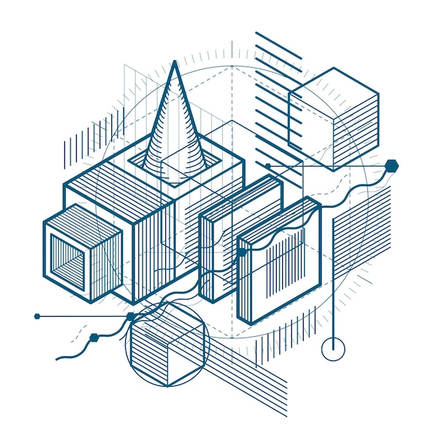 Abstract vector achtergrond met isometrische lijnen en vormen. Kubussen, zeshoeken, vierkanten, rechthoeken en verschillende abstracte elementen.