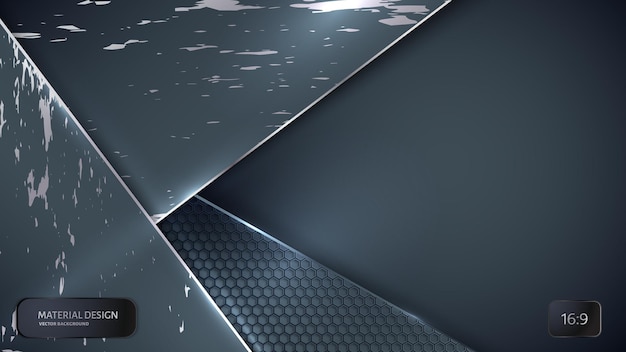 抽象的なベクトルの背景。カーボングリッドと重なり合う鋼板。マテリアルデザインスタイル。六角形のグリッド。ベクトルデザイン。技術の背景。スクラッチプレート16：9。