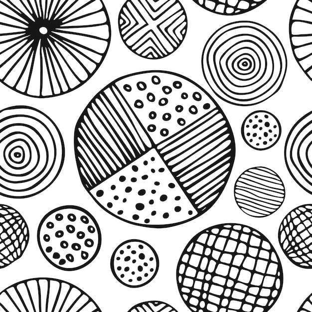 Abstract vector background, seamless pattern, circles of different sizes and textures, hand drawing, grayscale