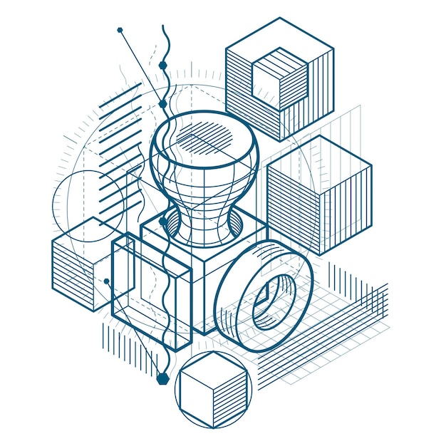 아이소메트릭 선과 모양으로 추상적인 벡터 배경입니다. 큐브, 육각형, 사각형, 사각형 및 다른 추상 요소.